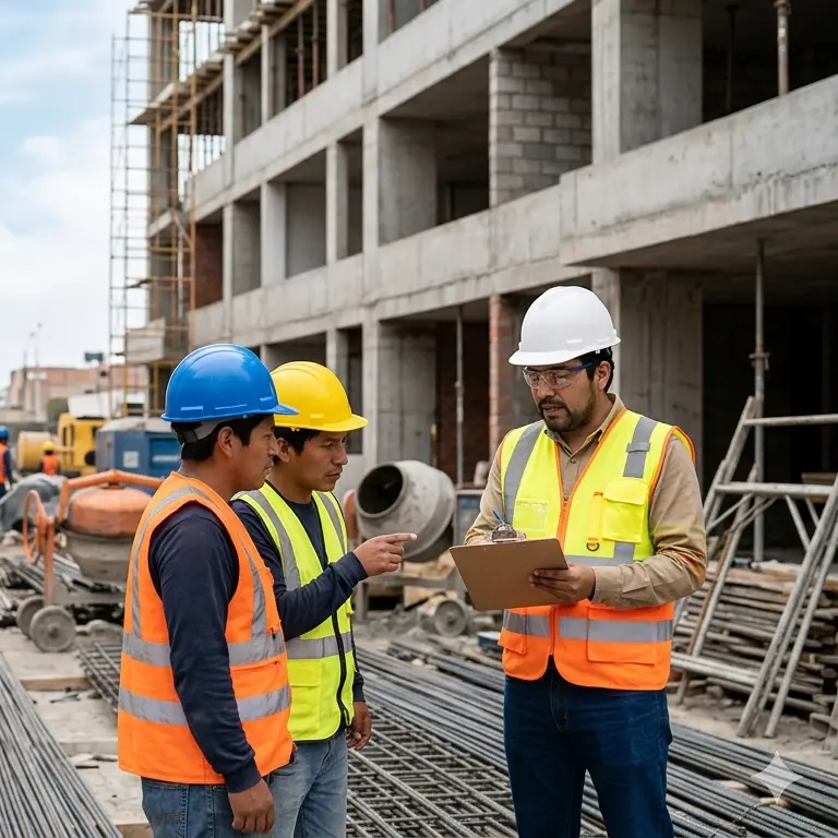 Ingenieros y operarios en obra civil cumpliendo con normativas de seguridad SCTR en Perú